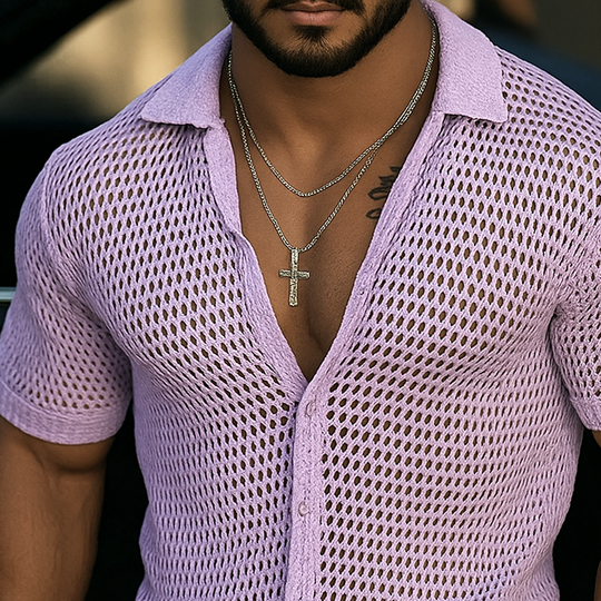 Men's Solid Hollow Knit Lapel Short Sleeve Shirt DTT25062314