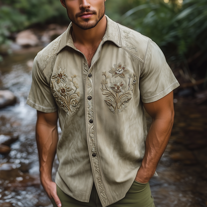 Men's Summer Floral Embroidered Suede Short Sleeve Shirt DTT25061016