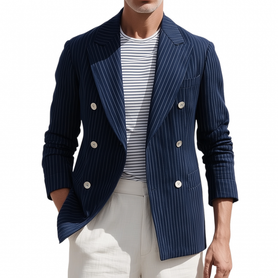 Men's Stylish Cotton Blend Striped Notch Lapel Double-breasted Slim-fit Blazer DTT25081420