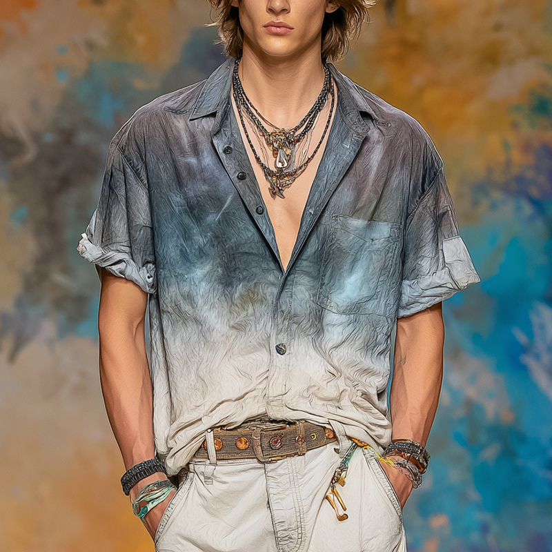 Men's Summer Personalized Gradient Printed Cotton Blended Short Sleeve Shirt DTT25071420