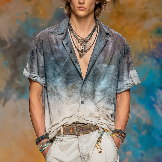 Men's Summer Personalized Gradient Printed Cotton Blended Short Sleeve Shirt DTT25071420