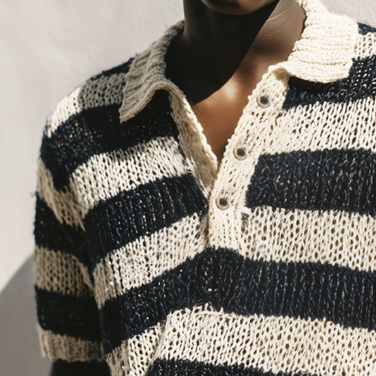 Men's Summer Classic Black And White Striped Knitted Polo Neck T-Shirt DTT25071016