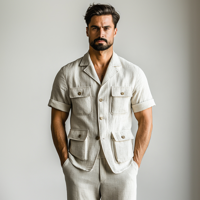 Men's Casual Breathable Linen Cuban Collar Multi-pocket Slim Fit Short Sleeve Safari Jacket DTT25060506