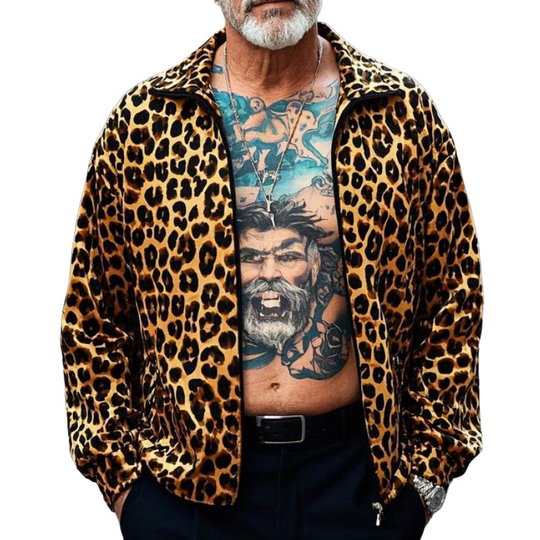 Men's Lightweight Casual Lapel Leopard Print Zip-Up Jacket 9903595815096