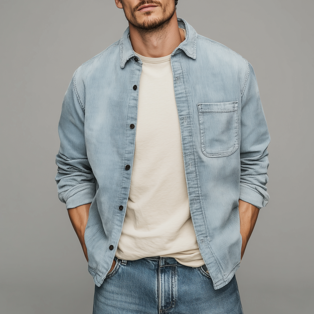 Men's Retro Casual Corduroy Washed Lightly Bleached Distressed Long-sleeved Shirt DTT25072807