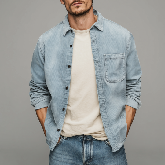 Men's Retro Casual Corduroy Washed Lightly Bleached Distressed Long-sleeved Shirt DTT25072807