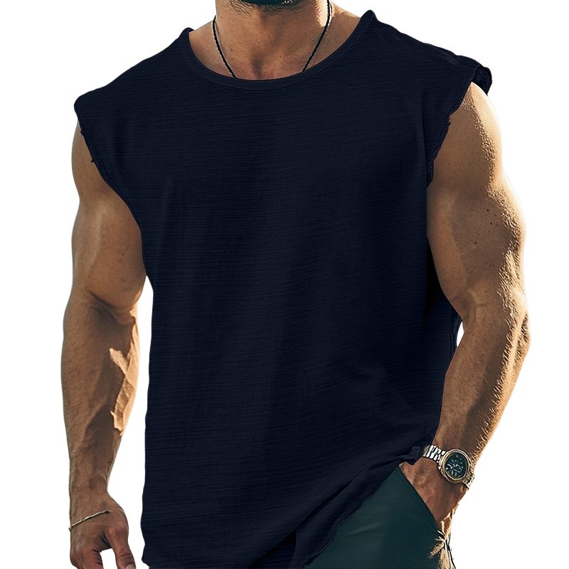 Men's Solid Color Round Neck Cotton Blend Sleeveless T-Shirt DTT25072509