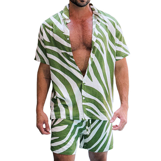 Men's Spring And Summer Fashion Casual Zebra Stripe Printed Silk Cotton Short Sleeve Shirt Elastic Waist Shorts Set DTT25070905