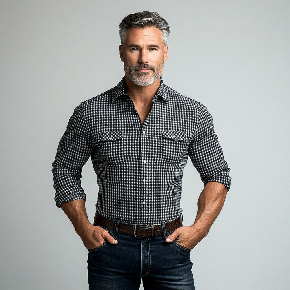 Men's Turndown Collar Single Breasted Houndstooth Pattern Long Sleeve Shirt 9899605983416