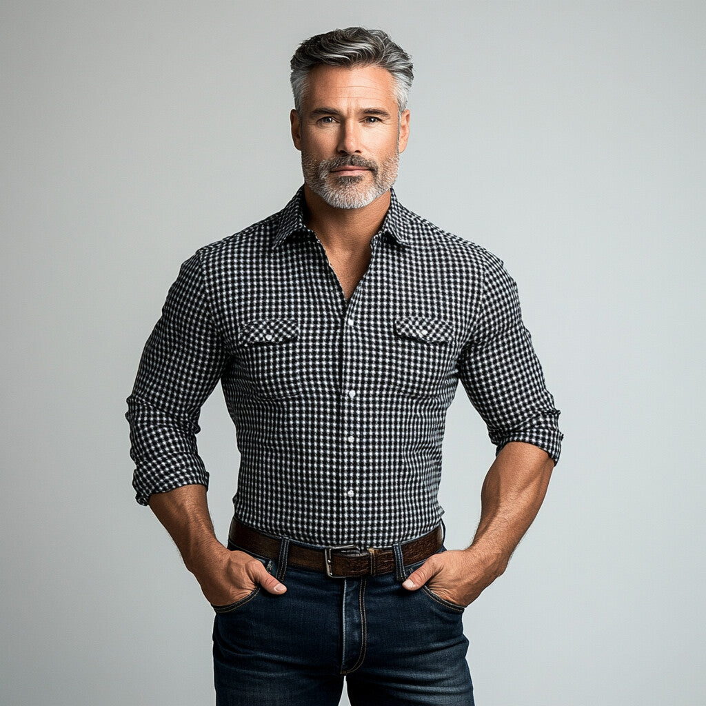 Men's Turndown Collar Single Breasted Houndstooth Pattern Long Sleeve Shirt 9899605983416