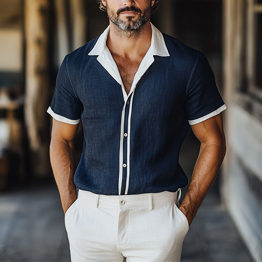 Men's Colorblock Lapel Single Breasted Short Sleeve Shirt DTT25061320