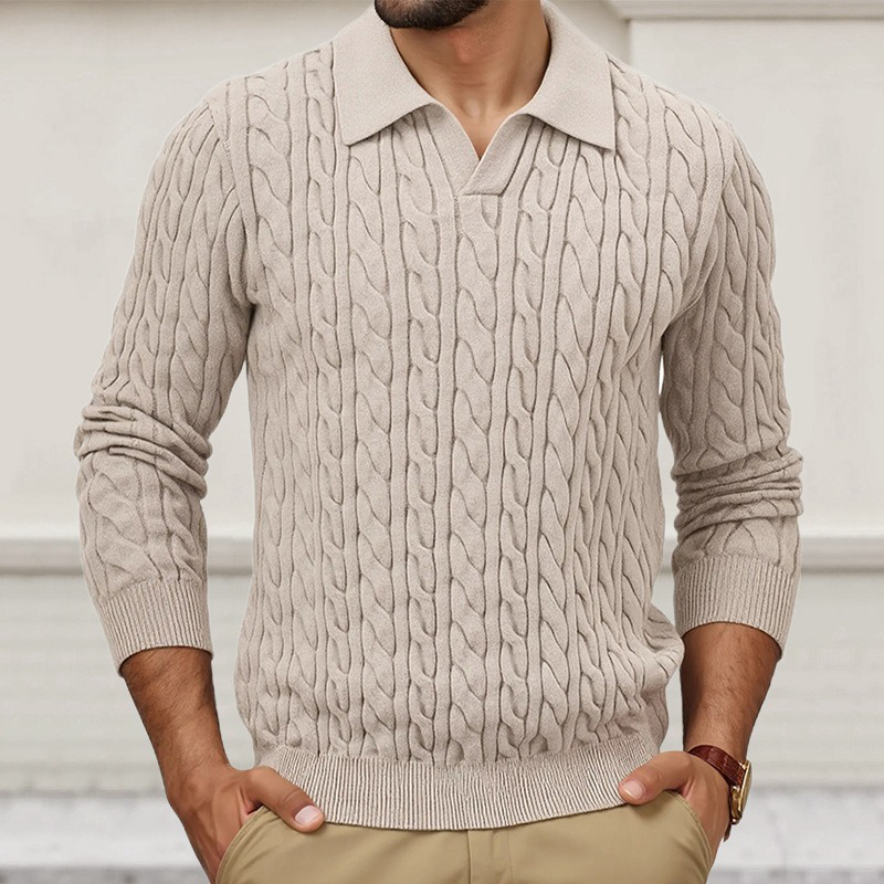 Men's Solid Color Slim-Fit Cable Textured POLO Neck Sweater DTT25081803
