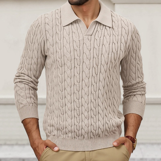 Men's Solid Color Slim-Fit Cable Textured POLO Neck Sweater DTT25081803