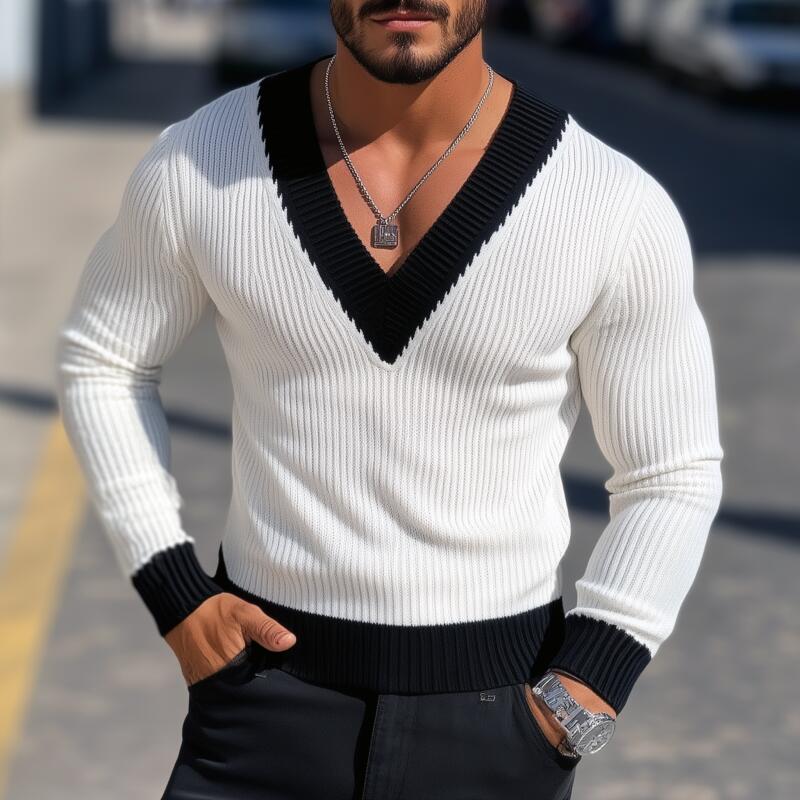Men's Vintage Contrast Color V-Neck Slim Fit Knit Pullover Sweater DTT25082905