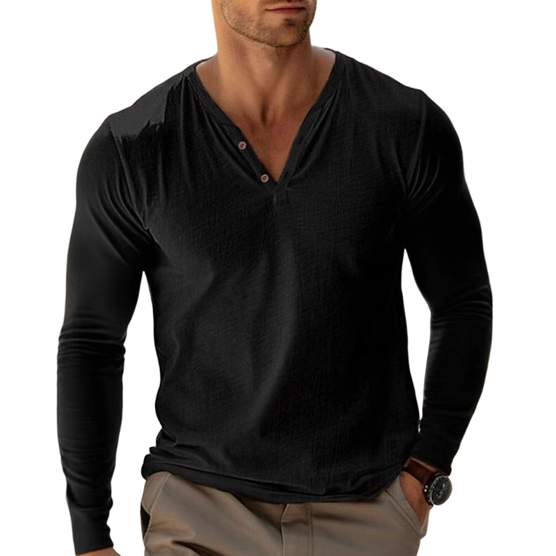 Men's Cotton Blend V-Neck Long Sleeve T-Shirt DTT25072410