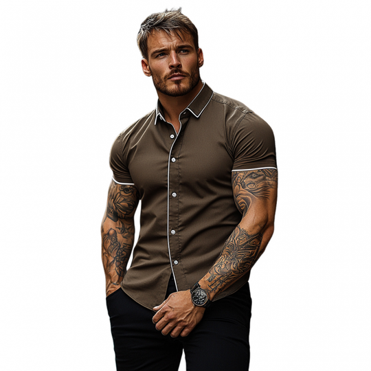 Men's Casual Breathable Cotton Lapel Contrast Color Treim Slim Fit Short Sleeve Shirt DTT25060904