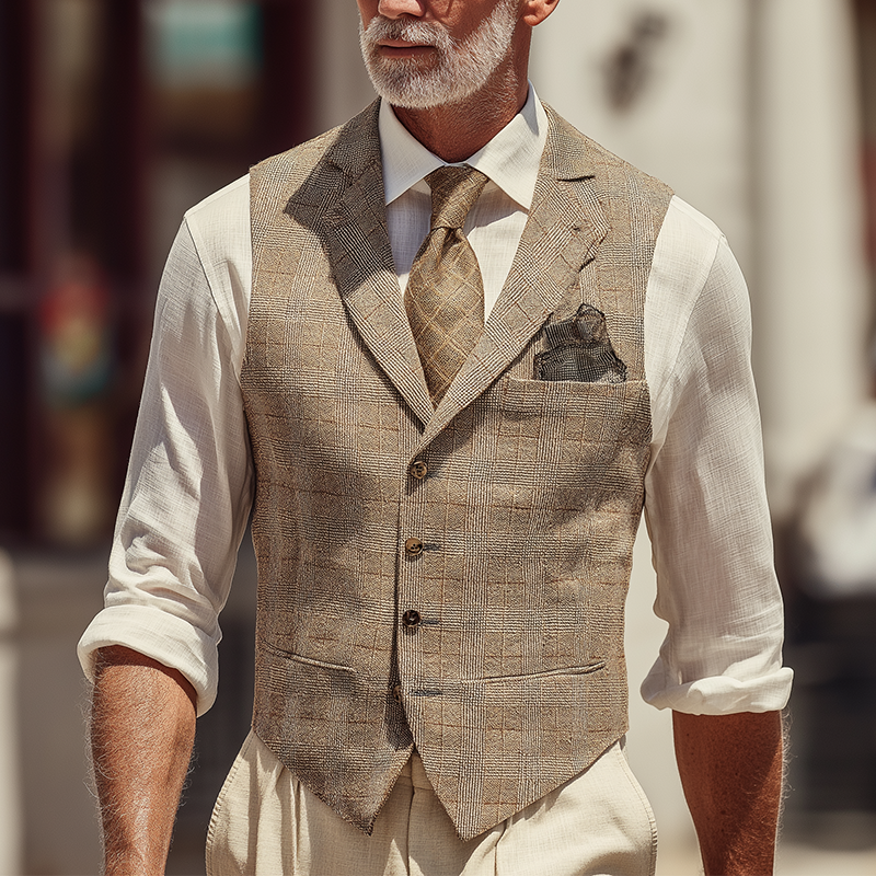 Men's Retro Elegant Plaid Cotton Blend Suit Vest DTT25090410