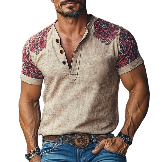 Men's Summer Fashion Casual Tough Guy Henley Collar Cotton And Linen Printed Short-sleeved T-shirt DTT25060503