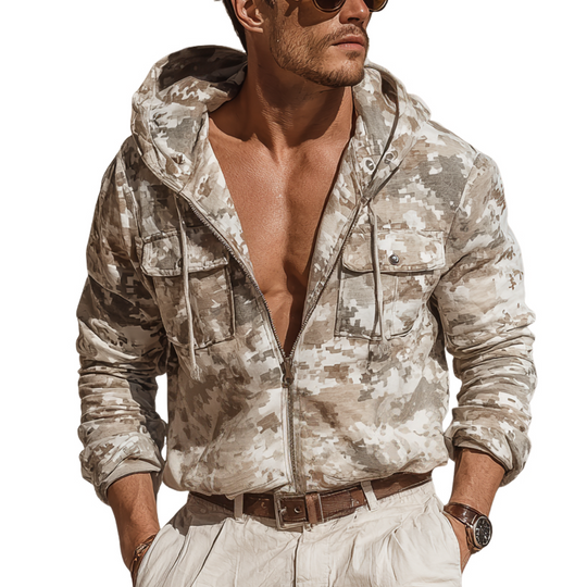 Men's Camouflage Hooded Chest Pocket Zip-up Jacket DTT25081302