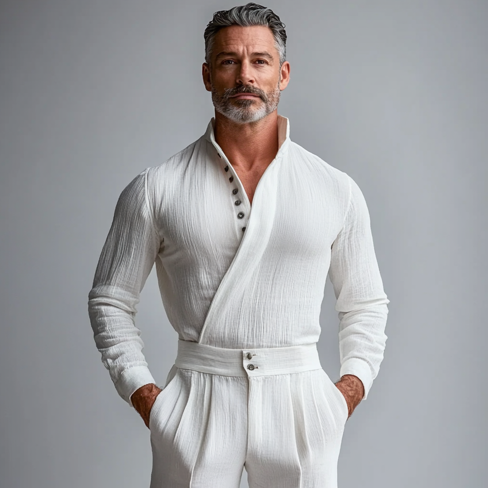 Men's Stand Collar Half Button Wrap Long Sleeve Shirt 9913234129080