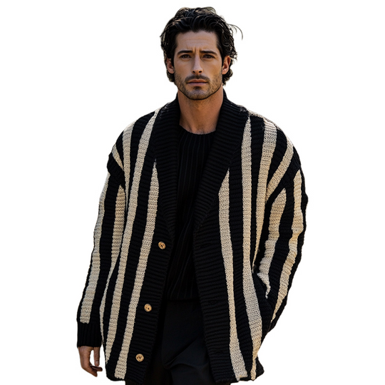 Men's Retro Vertical Striped Lapel Three-Button Knit Cardigan 9906106630328