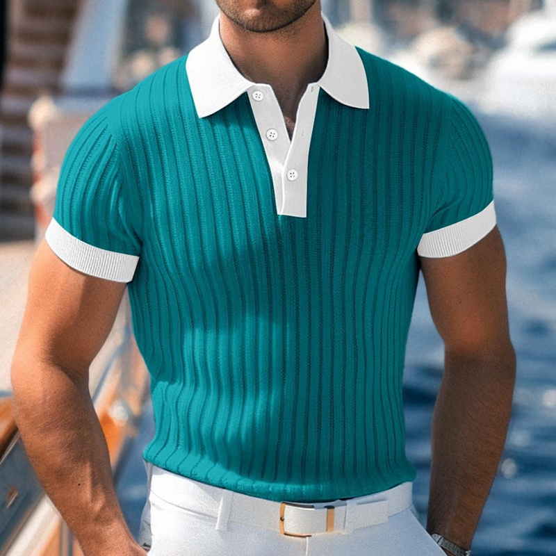 Men's Casual Breathable Contrast Color Lapel Slim Fit Knitted Short-sleeved Polo Shirt DTT25072809