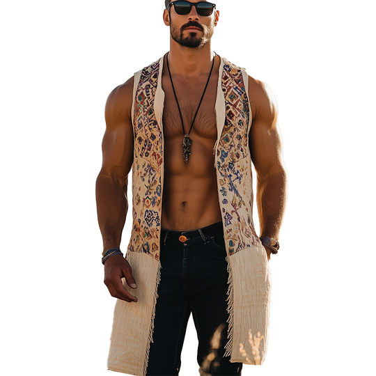 Men's Summer Fashion Printed Linen Blended Sleeveless Long Vest DTT25070110