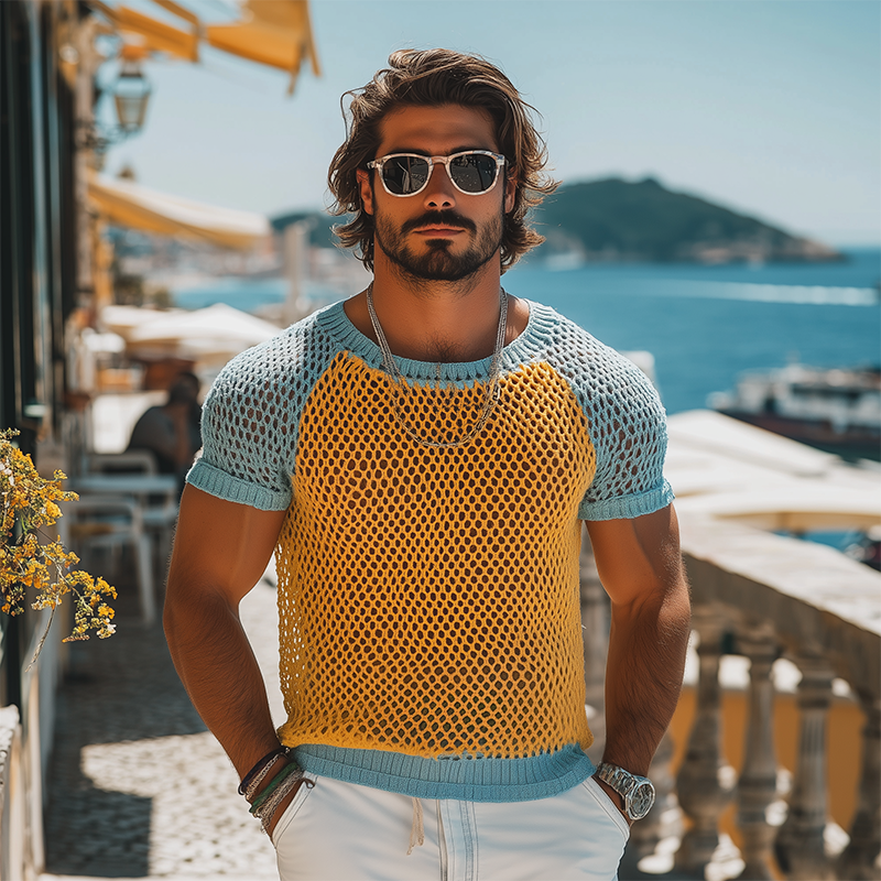 Men's Fashion Casual Hollow Contrast Color Stitching Knitted Round Neck Short-sleeved T-shirt DTT25062606