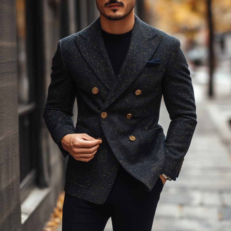 Men's Vintage Elegant Tweed Peak Lapel Double-breasted Slim-fit Blazer DTT25081413