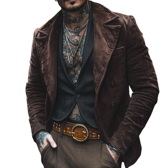 Men's Vintage Casual Street  Velvet Double Breasted Lapel Jacket DTT25082501
