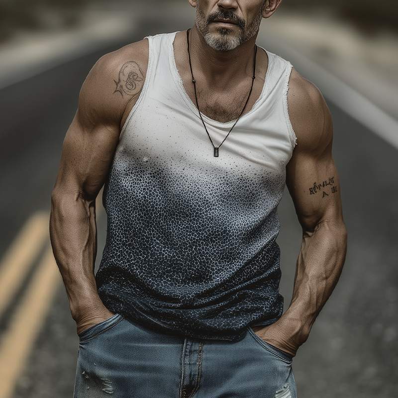 Men's Spring And Summer Fashion Casual Art Print U-neck Cuffs Raw Edge Cotton Blended Tank Top DTT25071618