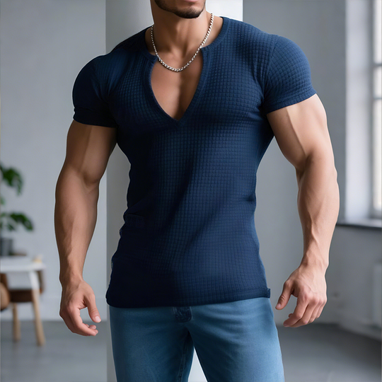 Men's Retro Casual Solid Color Waffle V-Neck Short Sleeve T-Shirt DTT25072420