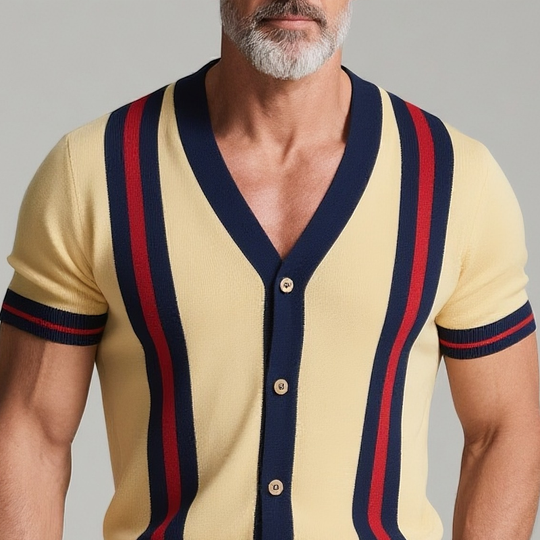 Men's Striped V Neck Short Sleeve Knit Cardigan DTT25073116