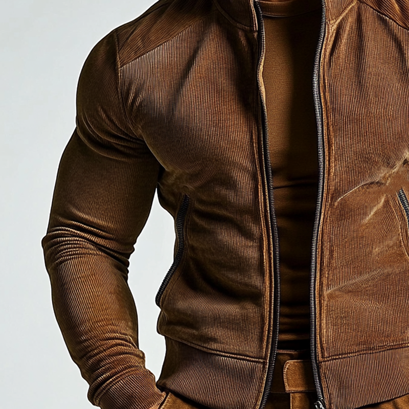 Men's Solid Color Corduroy Stand Collar Zipper Slim Fit Jacket DTT25082920