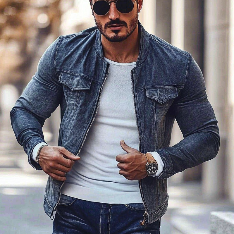 Men's Stylish Motorcycle Washed Stand Collar Zipper Denim Jacket DTT25080109