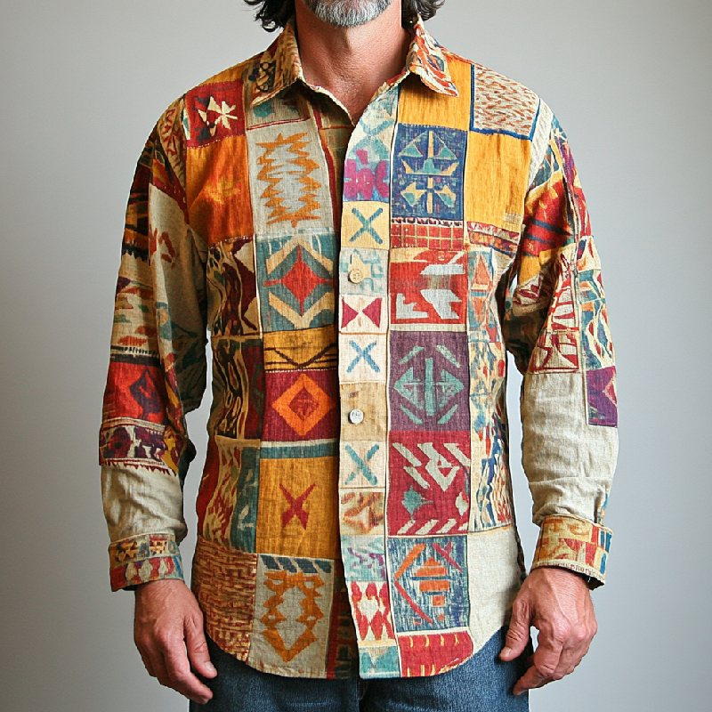 Men's Retro Colorblock Lapel Printed Cotton and Linen Long Sleeve Shirt 9904629743800