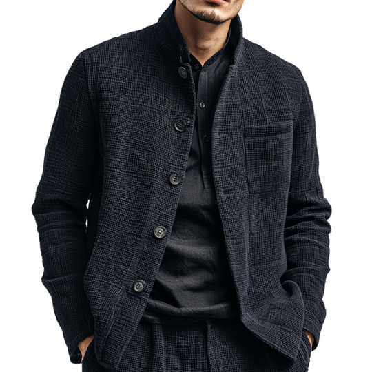 Men's Solid Textured Stand Collar Single Breasted Casual Jacket DTT25082517