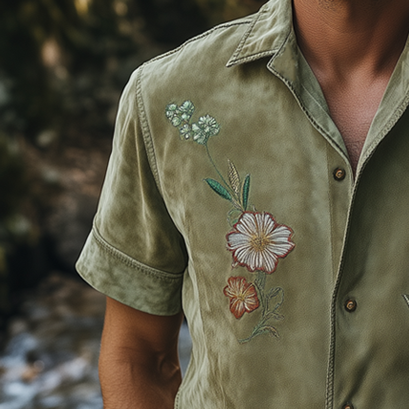 Men's Summer Suede Exquisite Floral Embroidery Short Sleeve Shirt DTT25061312