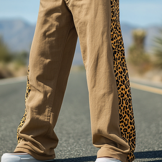 Men's Spring And Summer Casual Western Cowboy Style Cotton And Linen Splicing Leopard Print Loose Pants DTT25060611