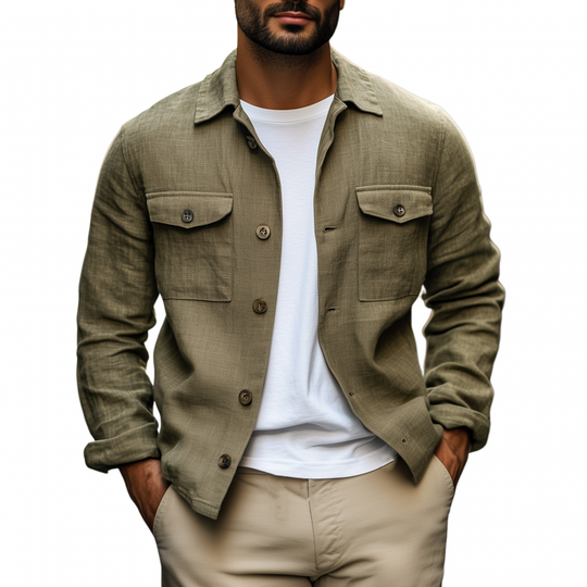 Men's Casual Solid Color Cotton Linen Blend Lapel Flap Chest Pocket Loose Shirt Jacket DTT25081308