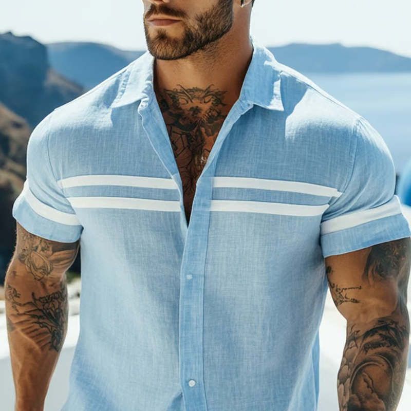 Men's Stripe Print Blended Short Sleeve Shirt DTT25062416
