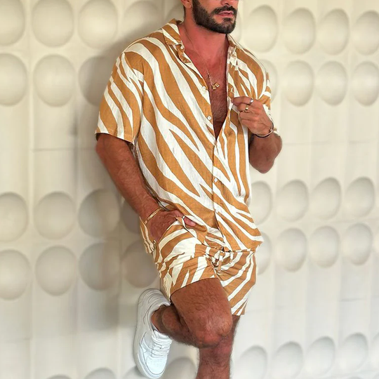 Men's Spring And Summer Fashion Casual Zebra Stripe Printed Silk Cotton Short Sleeve Shirt Elastic Waist Shorts Set DTT25070905