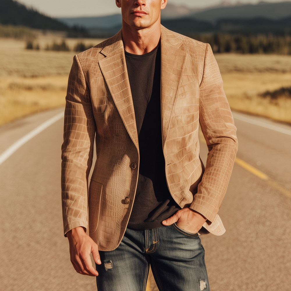Men's Classic Retro Western Style Textured Matte Leather Single-breasted Slim-fit Blazer DTT25080717