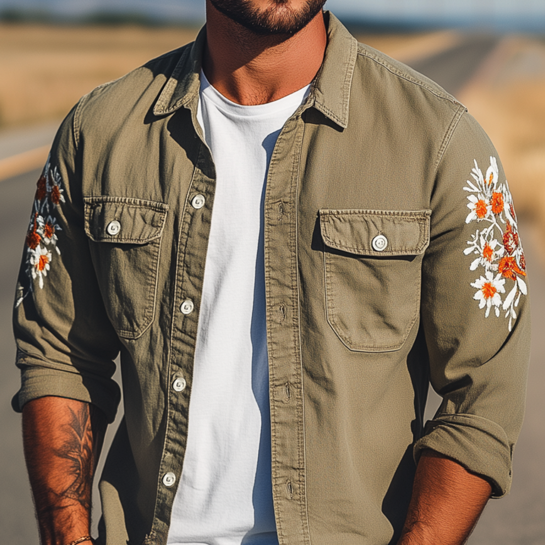 Men's Vintage Casual Washed Cotton Blend Sleeve Embroidered Long Sleeve Shirt DTT25072806