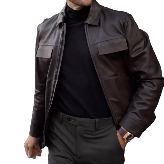 Men's Leather Polo Collar Zippered Jacket 9885797253304