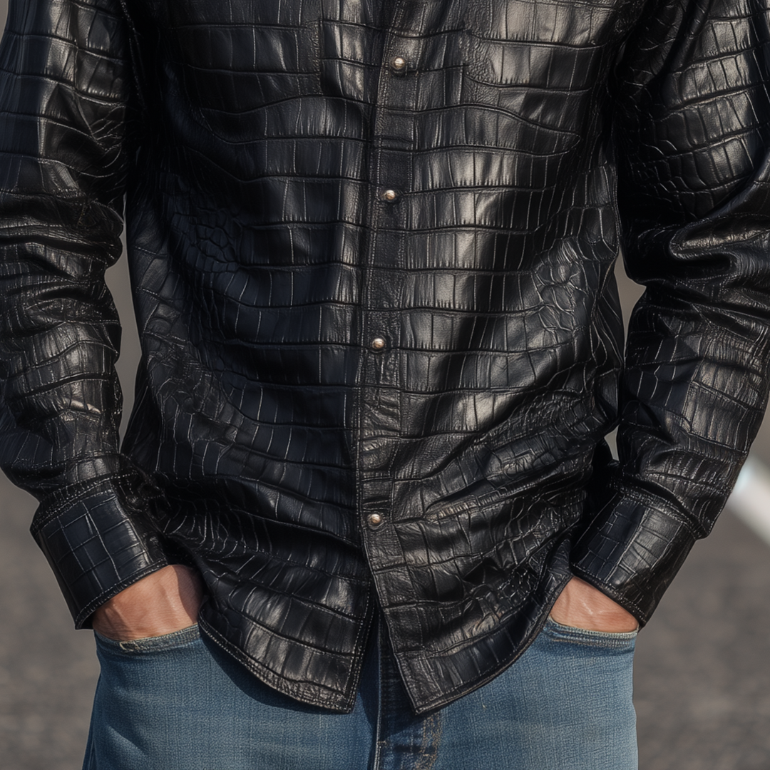 Men's Retro Fashion Textured Leather Long Sleeve Shirt DTT25081317
