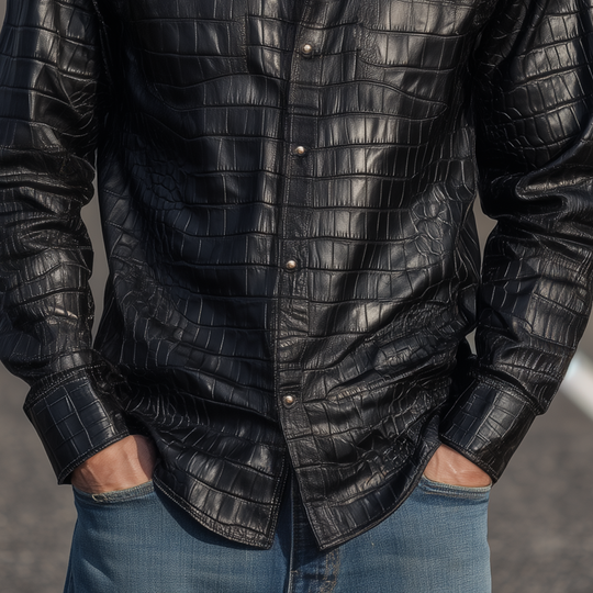 Men's Retro Fashion Textured Leather Long Sleeve Shirt DTT25081317