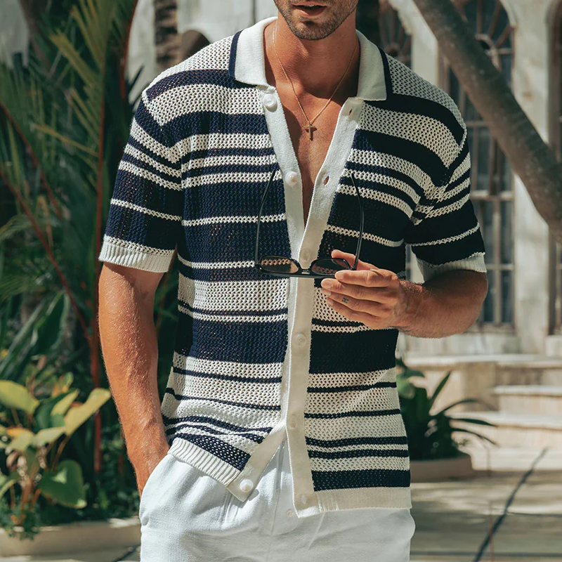 Men's Spring And Summer Fashion Casual Hollow Horizontal Striped Knitted Short-sleeved Shirt DTT25070804