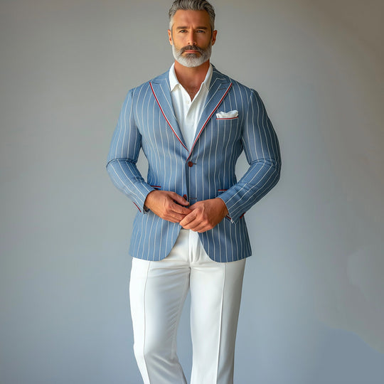 Men's Pinstripes Pattern Peak Lapel Long Sleeve Two Button Blazer 9951401509048
