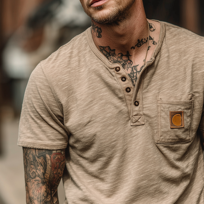 Men's Cotton Blend Henley Neck Short Sleeve T-Shirt DTT25071406